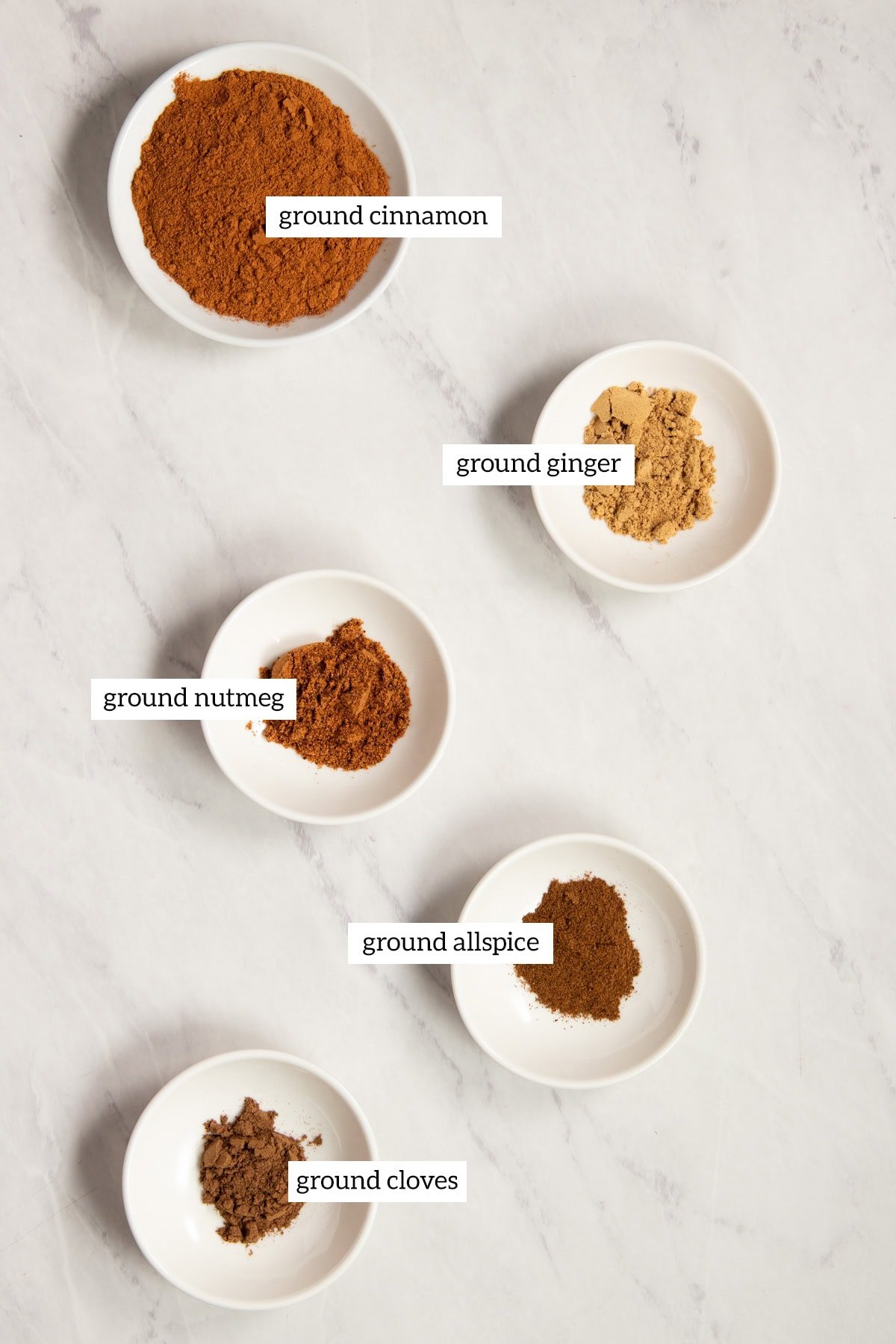 Ingredients needed for low FODMAP pumpkin pie spice are measured out into individual dishes ready for mixing.