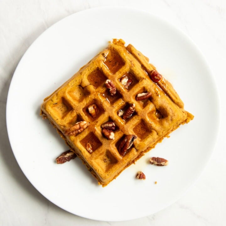 Looking down at a smooth white plate holding a naturally orange-colored, square waffle topped with chopped pecans and maple syrup.