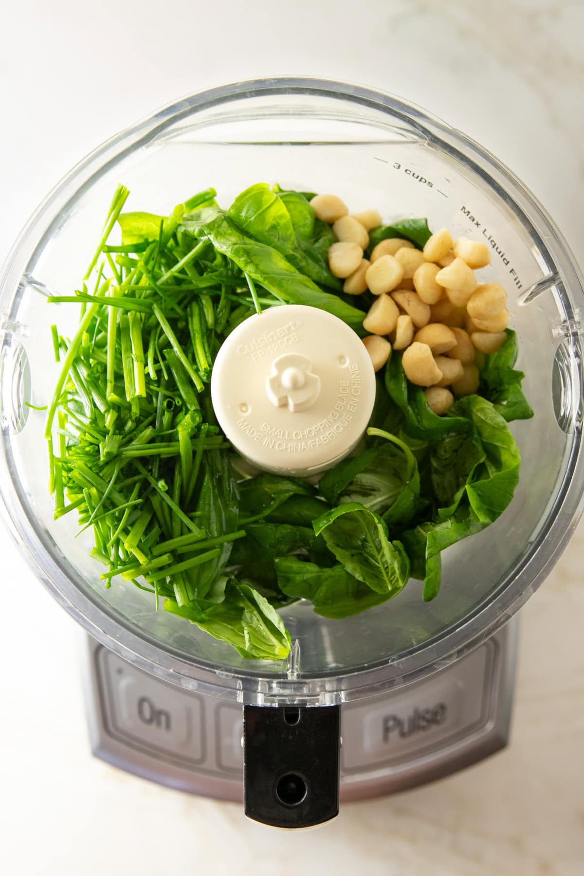 Herbs and nuts in a food processor bowl ready for blending