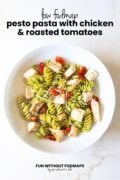 A bowl of pesto pasta with diced chicken and tomatoes sits on a white counter. In the white space, black text reads low FODMAP pesto pasta with chicken and roasted tomatoes.