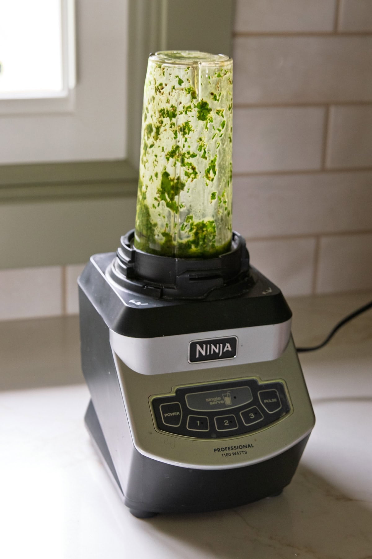 A small blender containing low FODMAP chimichurri.