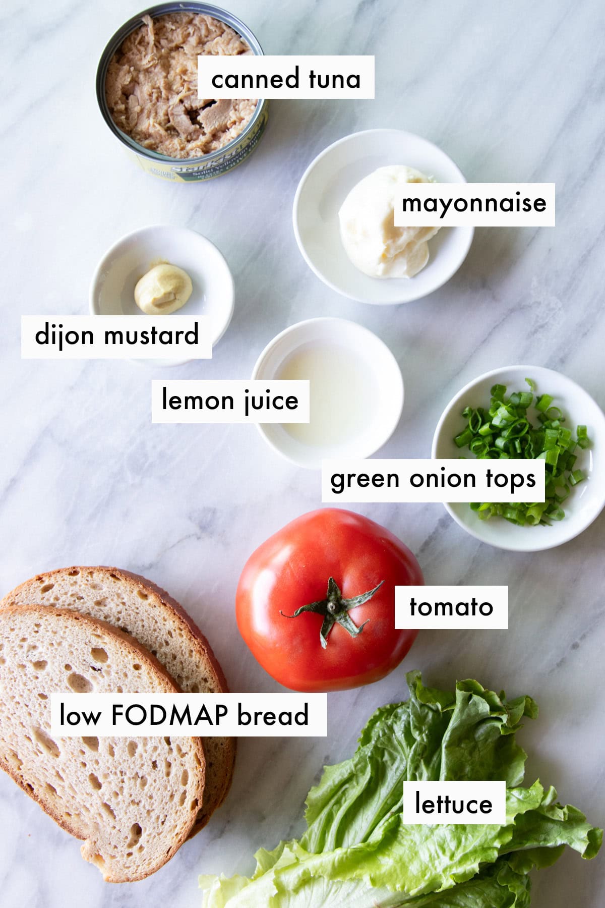 Ingredients needed for low FODMAP tuna salad are prepared and measured out into individual dishes ready for preparing.